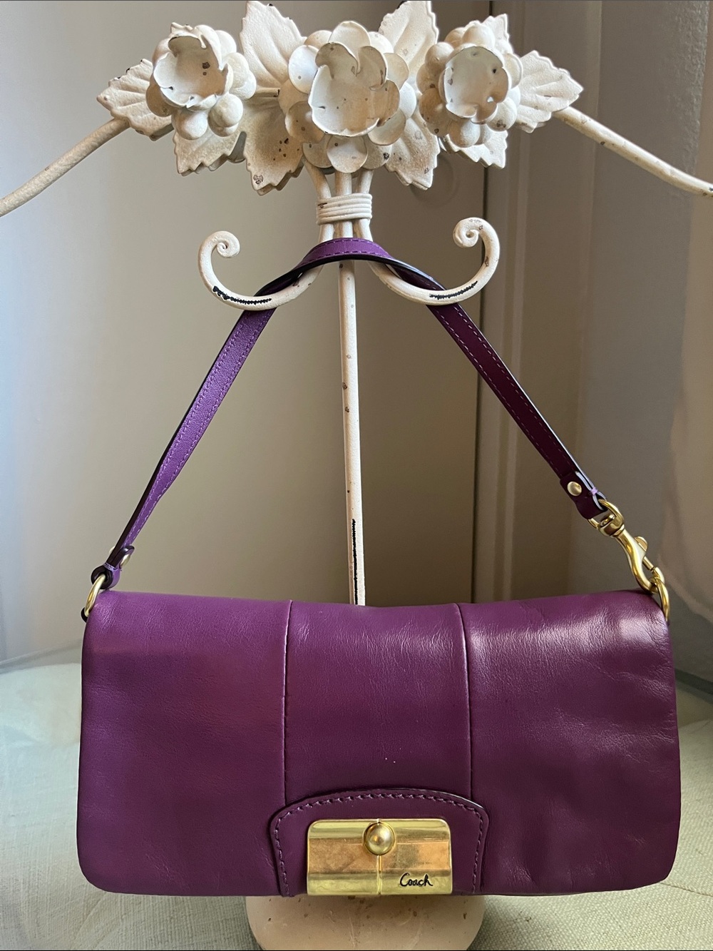 Coach Kristen Plum Leather Mini Shoulder Bag Wristlet with Gold Hardware